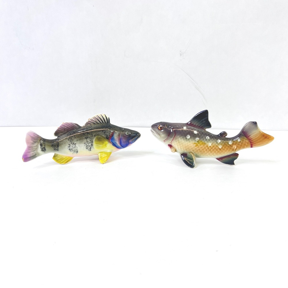 Vintage UCAGCO Fish Salt Pepper Shakers Brown Trout Yellow Perch Japan